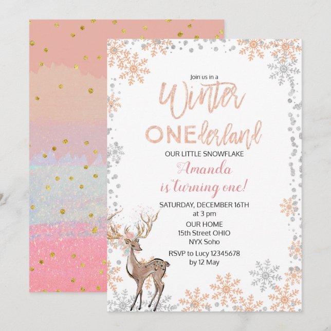 Woodland Gold Pink Glitter Birthday Invitation (Front/Back)