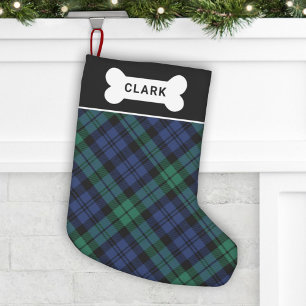 Woodland Green and Blue Tartan Dog Bone Name Small Christmas Stocking