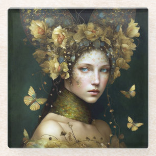 Woodland Green Fairy Fantasy Art Glass Coaster