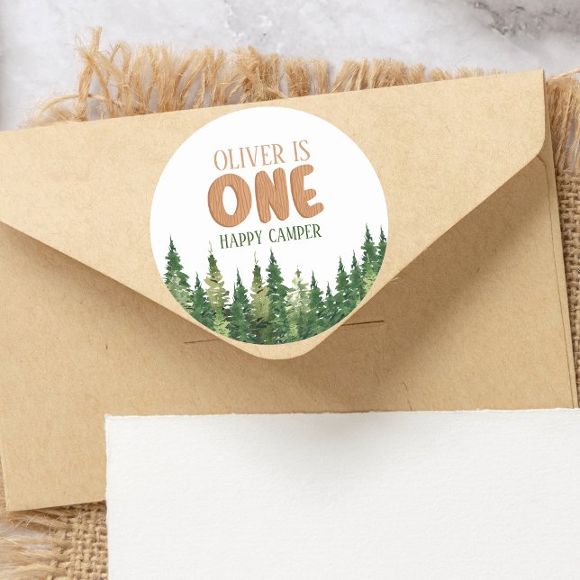 Woodland Green Rustic Happy Camper First Birthday Classic Round Sticker (Creator Uploaded)