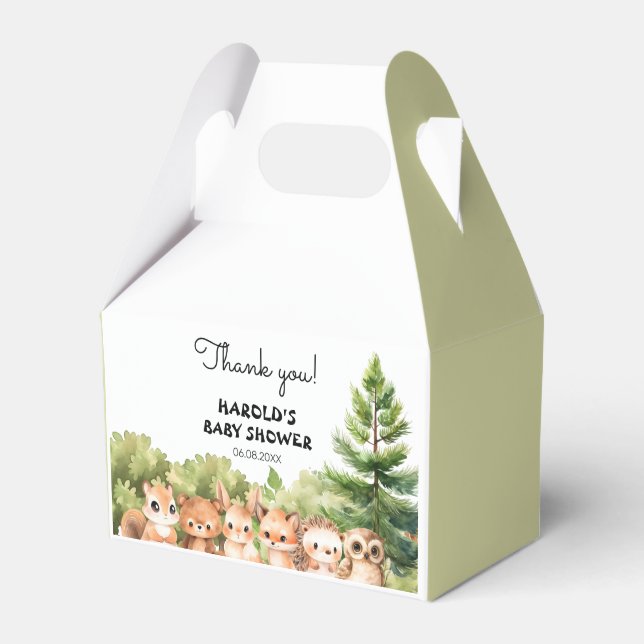 Woodland Green Sage Animals Baby Shower Favour Box (Front Side)