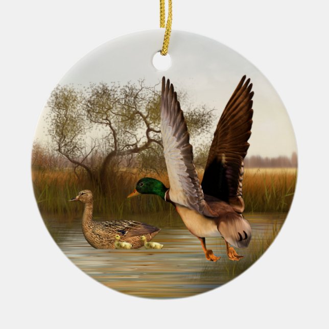 Woodland Green Wing Ducks Ceramic Ornament (Front)