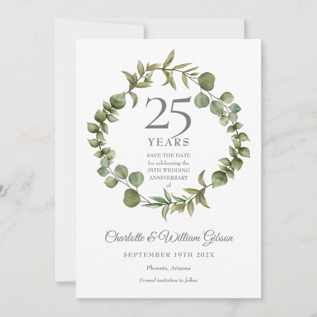 Woodland Greenery 25th Anniversary Save the Date Invitation (Front)