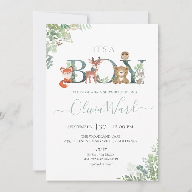 Woodland Greenery Baby Shower Boy Invitation (Front)
