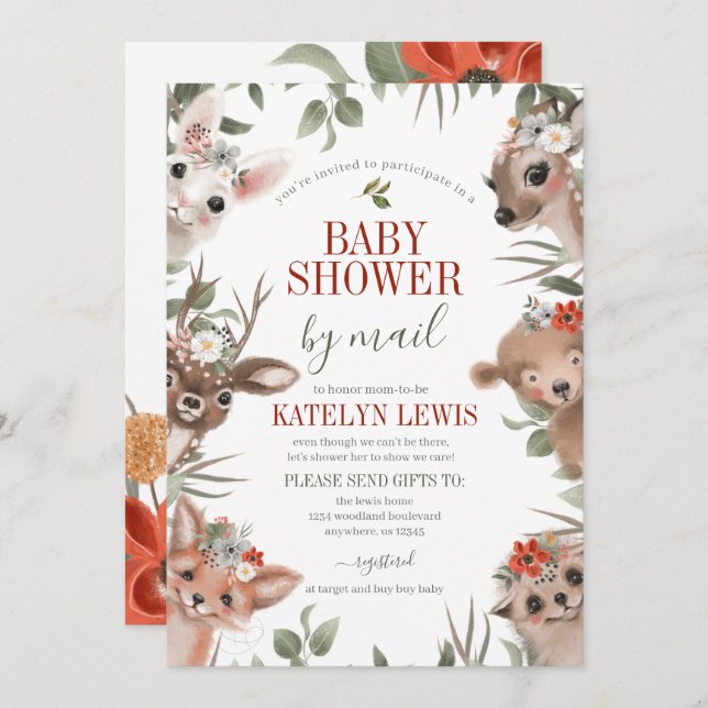 Woodland Greenery Baby Shower by Mail Invitation (Front/Back)