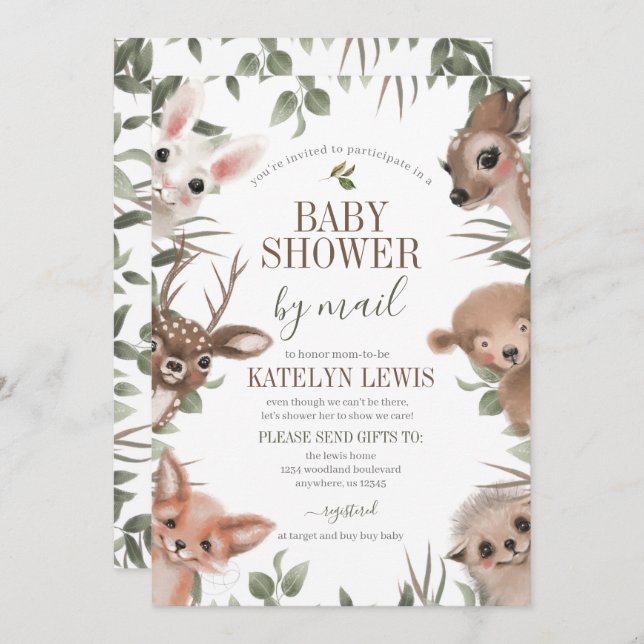 Woodland Greenery Baby Shower by Mail Invitation (Front/Back)