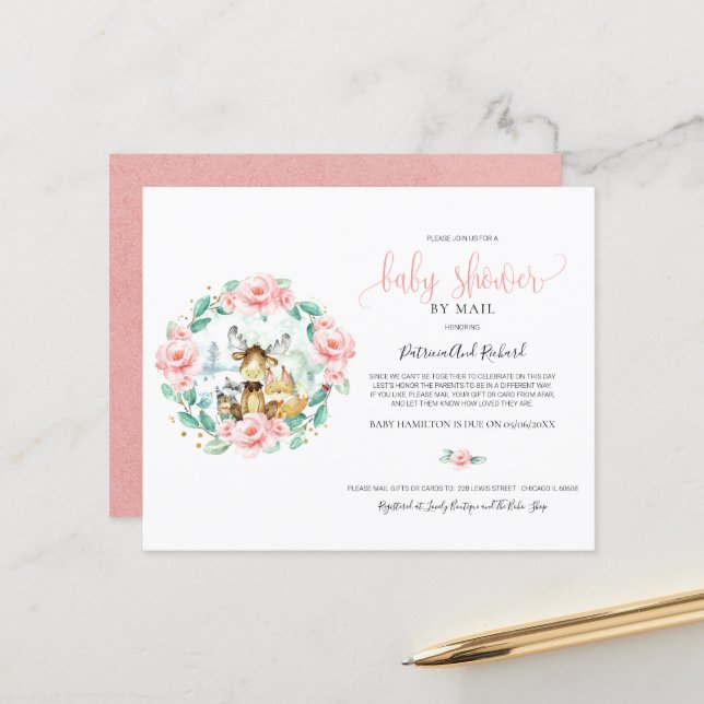 Woodland Greenery Baby Shower By Mail Invitations (Front/Back In Situ)