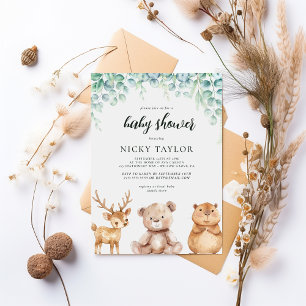 Woodland Greenery Cute Animal Baby Shower Invitation
