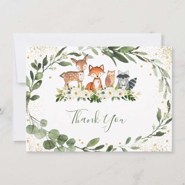 Woodland Greenery Forest Animal Thank You Card (Front)