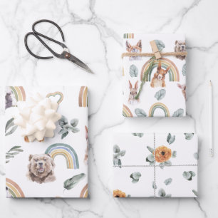 Woodland Greenery   Forest Animals & Rainbows Wrapping Paper Sheet