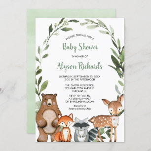 Woodland greenery gender neutral cute animals baby invitation