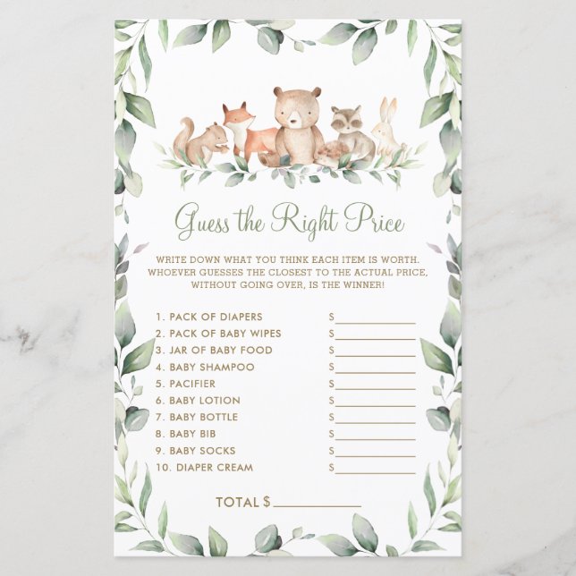 Woodland Greenery Guess the Right Price Baby Game (Front)