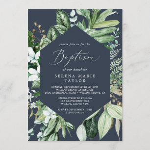 Woodland Greenery   Navy Blue Baptism Invitation
