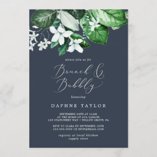 Woodland Greenery   Navy Blue Brunch and Bubbly Invitation