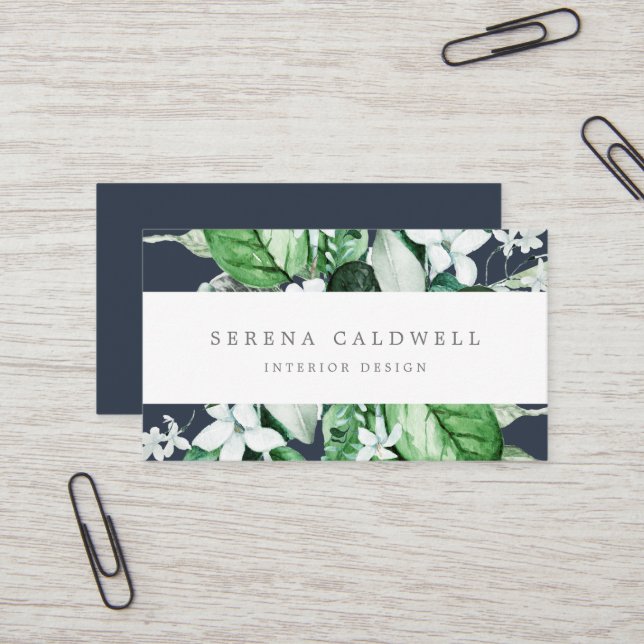 Woodland Greenery | Navy Blue Business Card (Front/Back In Situ)