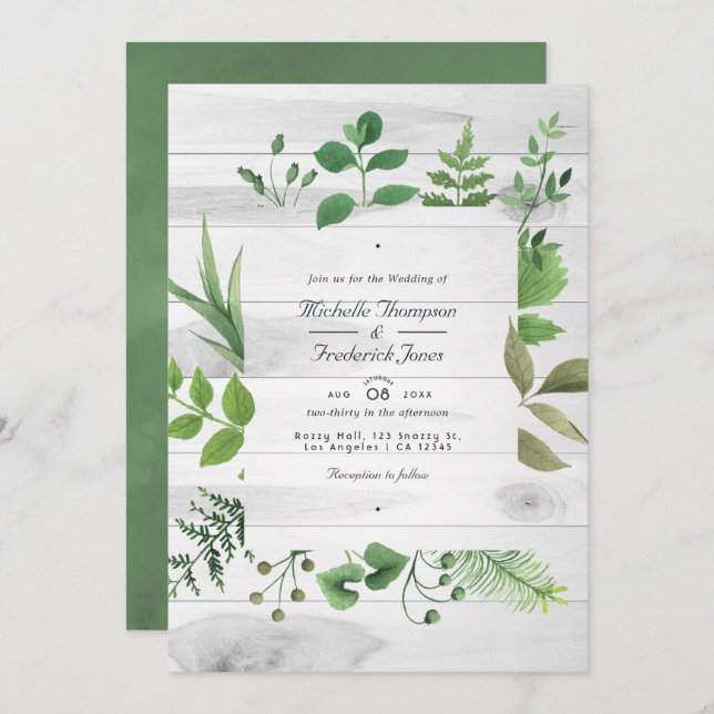 Woodland Greenery Rustic QR Code RSVP Wedding Invitation (Front/Back)