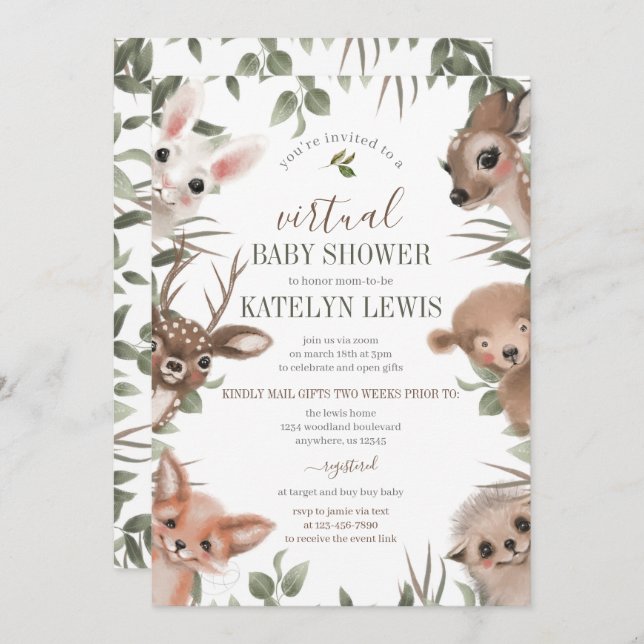 Woodland Greenery Virtual Baby Shower Invitation (Front/Back)