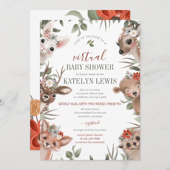 Woodland Greenery Virtual Baby Shower Invitation (Front/Back)