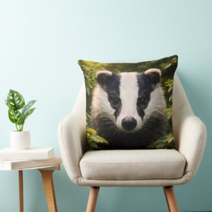 Woodland guardian premium badger portrait throw pi cushion