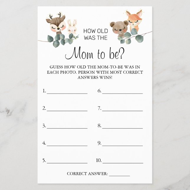 Woodland Guess how old was Mum shower game card (Front)