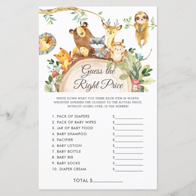 Woodland Guess the Right Price Baby Shower Game (Front)