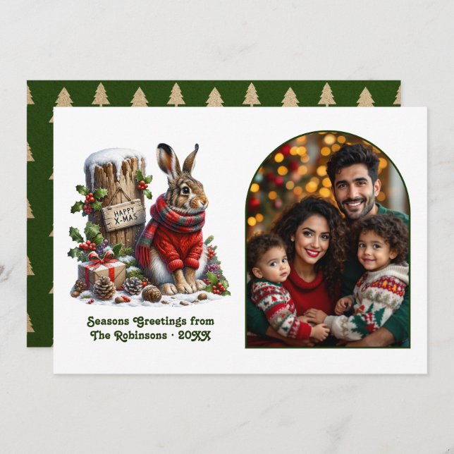 Woodland Hare Rustic Forest Cosy Christmas Photo Holiday Card (Front/Back)