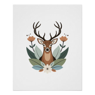 Woodland Harmony – Boho Deer Botanical Illustratio Poster
