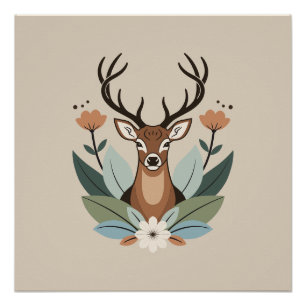 Woodland Harmony – Boho Deer Botanical Illustratio Poster