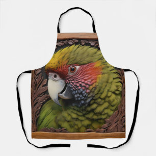 Woodland Harmony: Green Lorikeet On Carved Wood Apron