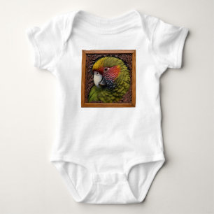 Woodland Harmony: Green Lorikeet On Carved Wood Baby Bodysuit
