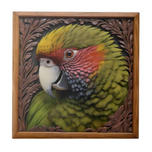 Woodland Harmony: Green Lorikeet On Carved Wood Ceramic Tile