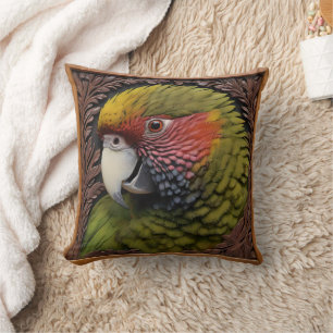 Woodland Harmony: Green Lorikeet On Carved Wood Cushion