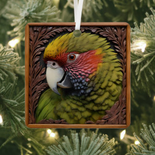 Woodland Harmony: Green Lorikeet On Carved Wood Metal Tree Decoration
