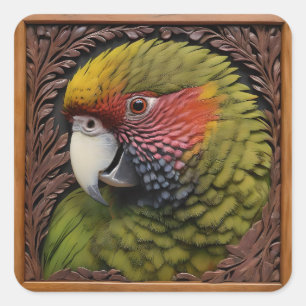 Woodland Harmony: Green Lorikeet On Carved Wood Square Sticker