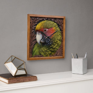 Woodland Harmony: Green Lorikeet On Carved Wood Square Wall Clock