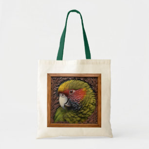 Woodland Harmony: Green Lorikeet On Carved Wood Tote Bag