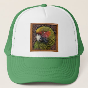 Woodland Harmony: Green Lorikeet On Carved Wood Trucker Hat