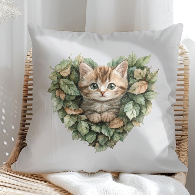 Woodland Heart Kitty - Cosy Fall Cushion (Woodland Heart Kitty - Cozy Fall Throw Pillow in a sunny boho rattan chair.)