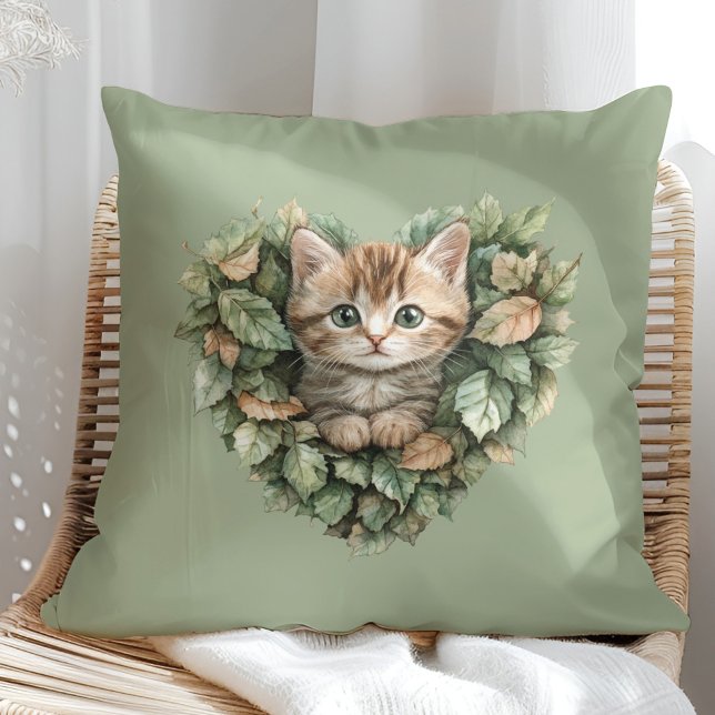 Woodland Heart Kitty - Cosy Fall Cushion (Woodland Heart Kitty - Cozy Fall Throw Pillow in a sunny boho rattan chair.)