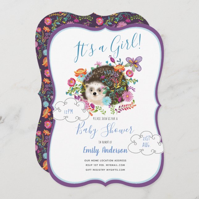 Woodland Hedgehog Baby Girl Shower Invitations (Front/Back)