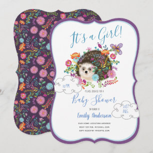 Woodland Hedgehog Baby Girl Shower Invitations