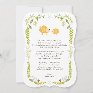 Woodland Hedgehog Baby thank you note with poem Card