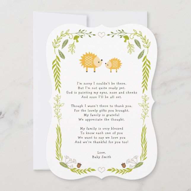 Woodland Hedgehog Baby thank you note with poem Card (Front)