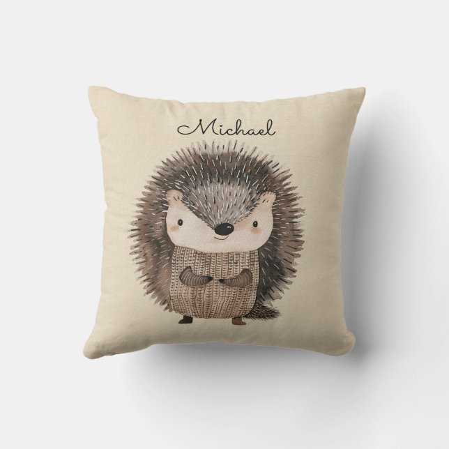 Woodland Hedgehog Faux Linen Personalised Cushion (Back)