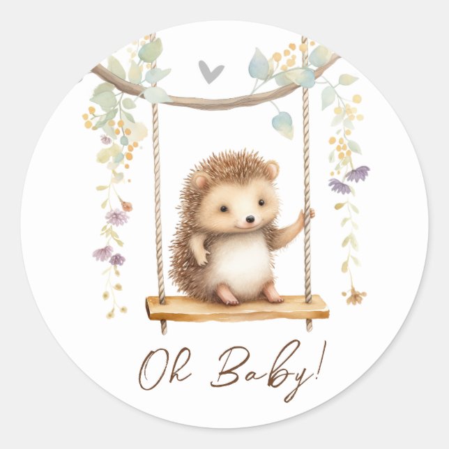 Woodland Hedgehog Floral Oh Baby Shower Classic Round Sticker (Front)