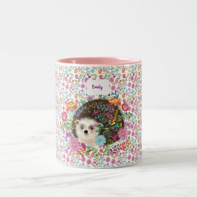 Woodland Hedgehog Folk Flowers Personalised Two-Tone Coffee Mug (Center)