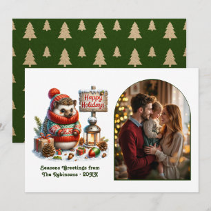 Woodland Hedgehog Happy Holidays Cozy Forest Photo Holiday Card