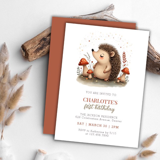 Woodland Hedgehog Mushroom 1st Birthday Party Invitation (Whimsical Hedgehog Mushroom 1st Birthday Party Invitation)