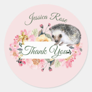 Woodland Hedgehog Pink Girls Christening Baptism  Classic Round Sticker