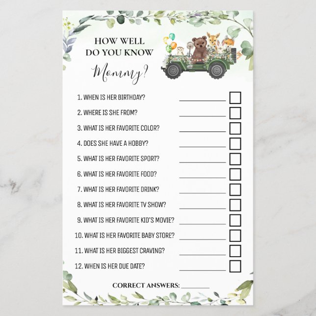 Woodland How well do you know Mom Shower Game Card (Front)